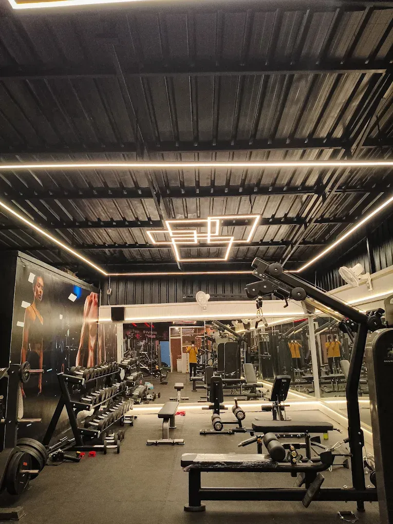 Free weights area with benches and dumbbells at JP Fitness